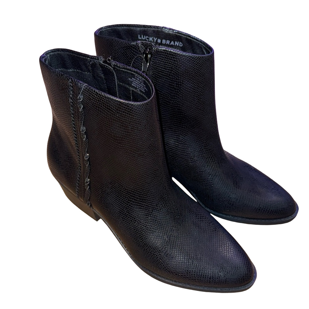 Lucky Brand Fakelle 11 Black Snake Embossed Western Block Heel Zip Ankle Booties